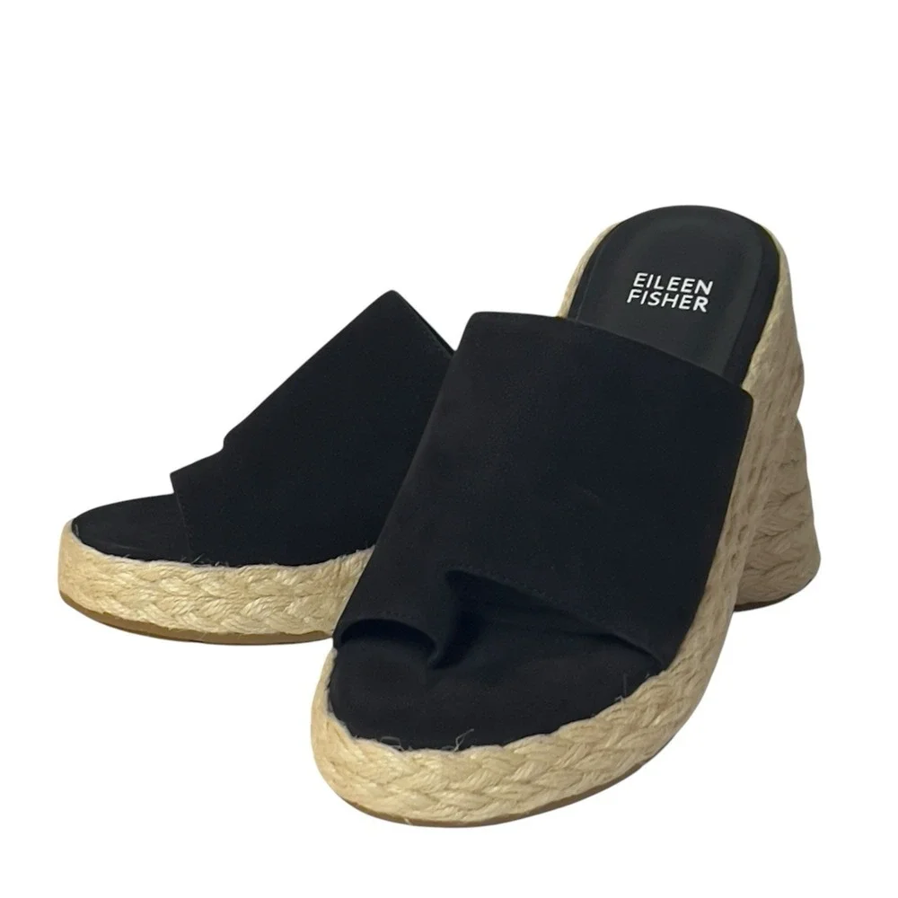 Eileen Fisher Tarry-TN Black Tumbled‎ Nubuck Slide Platform Espadrille 5M